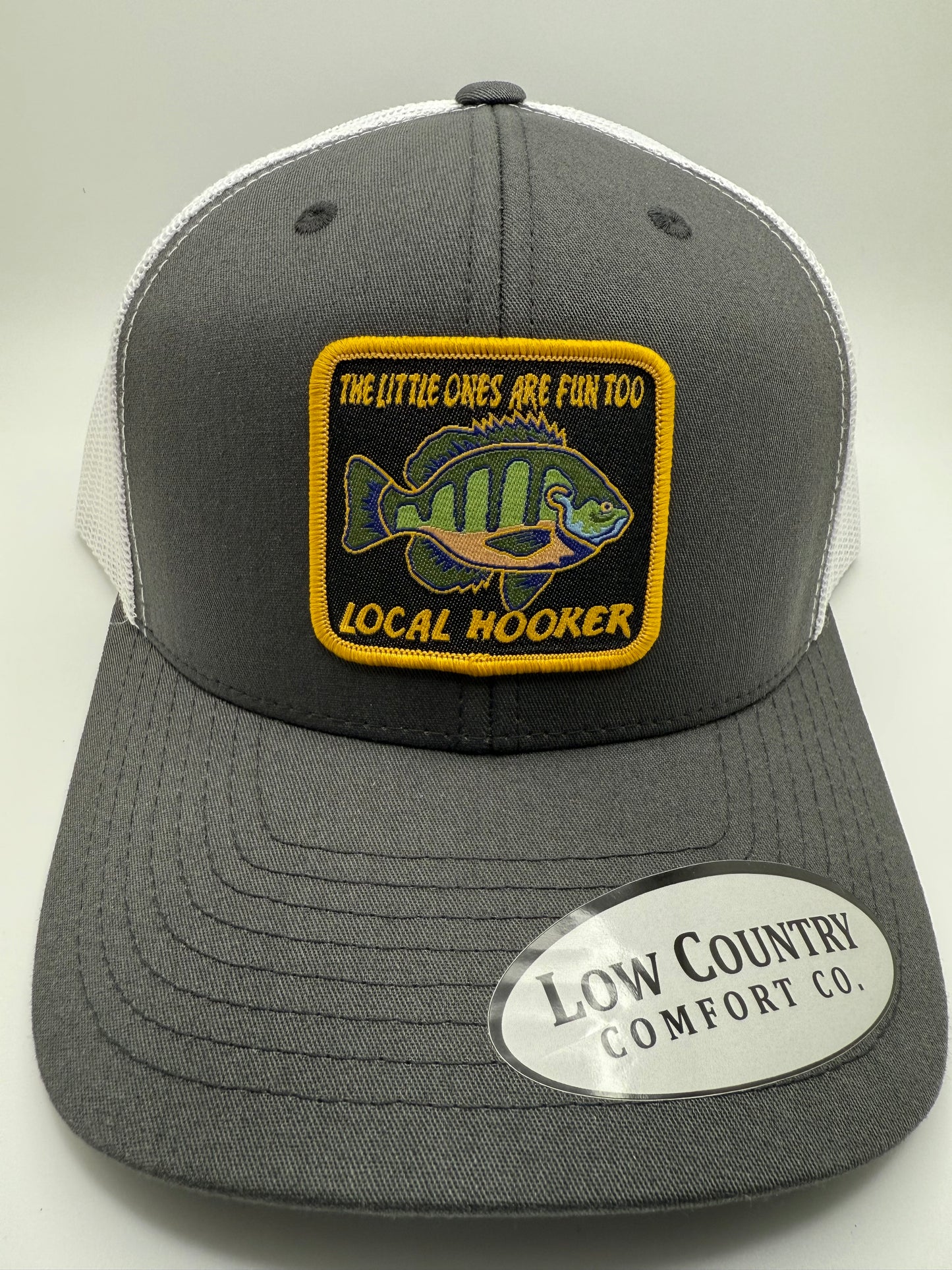 Local Hooker Little Ones Fun Too Sublimated Patch on a Charcoal/White Trucker Hat