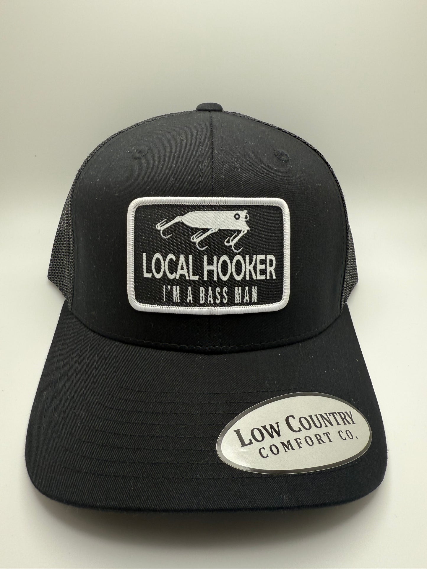 Local Hooker I'm a Bass Man Sublimated Patch on a Solid Black Trucker Hat