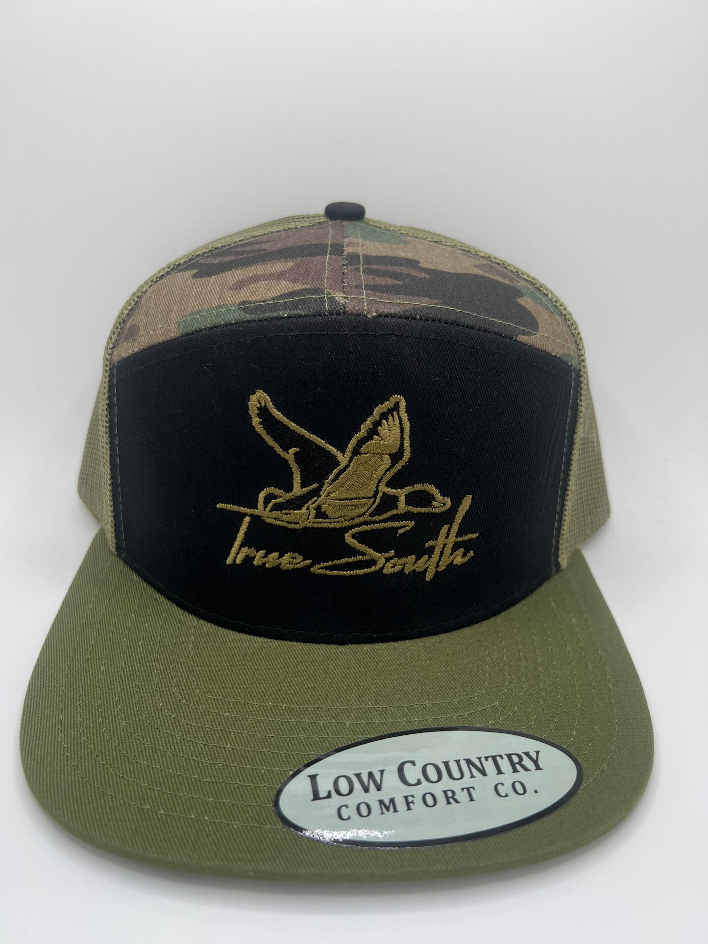 True South Duck Embroidery on a Black/Camo/Loden 7 Panel Riverbed Threads Hat