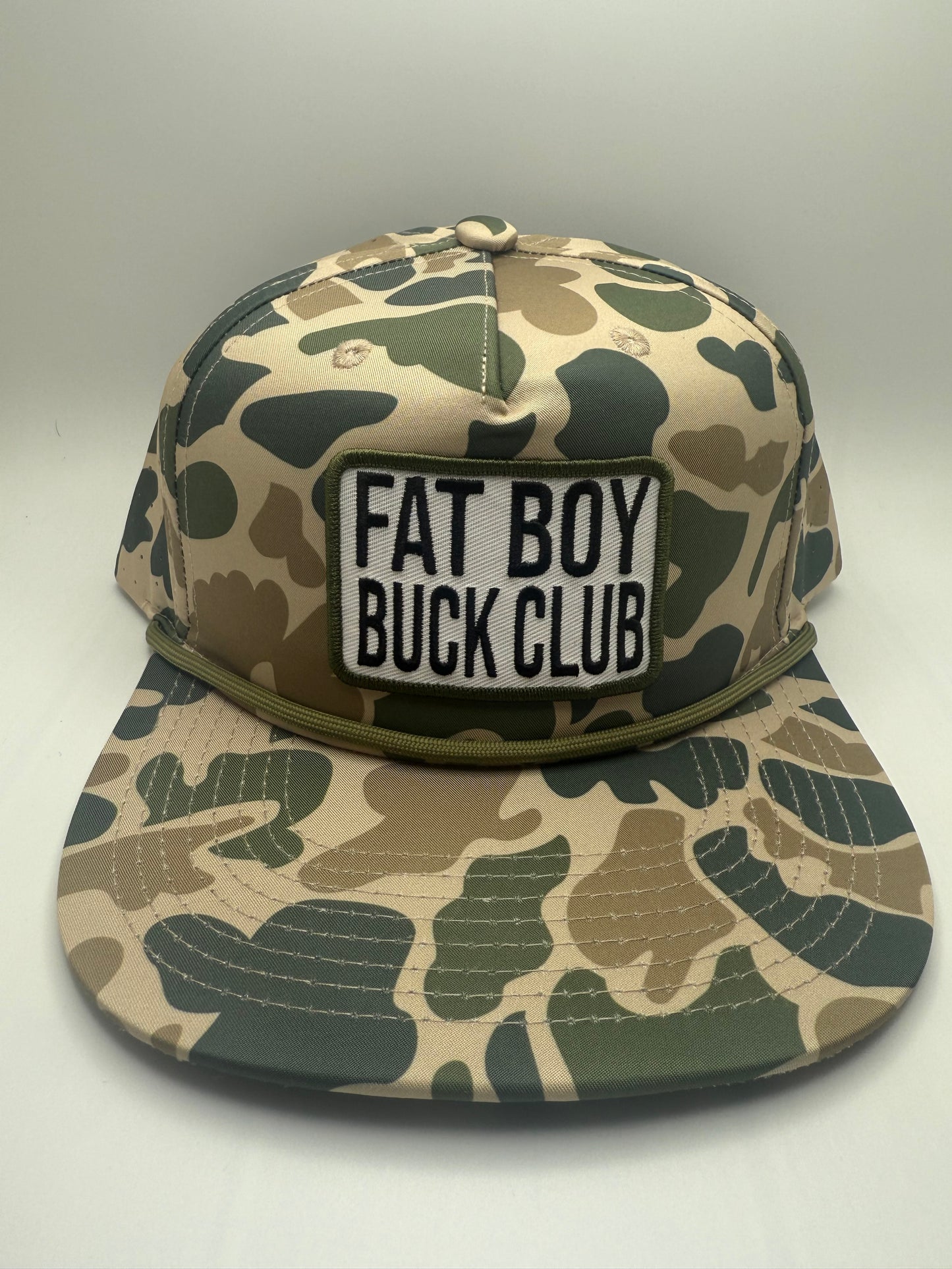 Fat Boy Buck Club Sublimated Patch on a OS Camo 5 Panel Performance Rope Hat