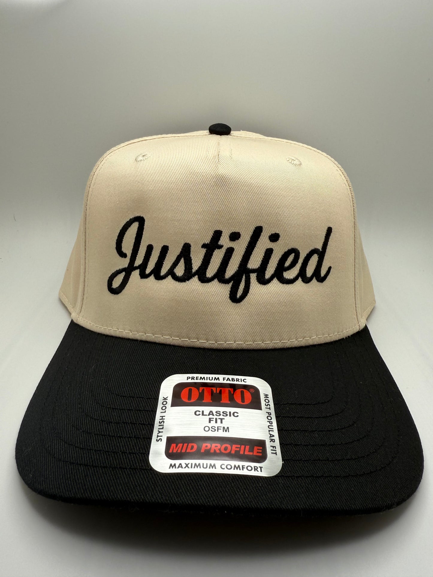 Justified Embroidery on a Otto Natural/Black Hat