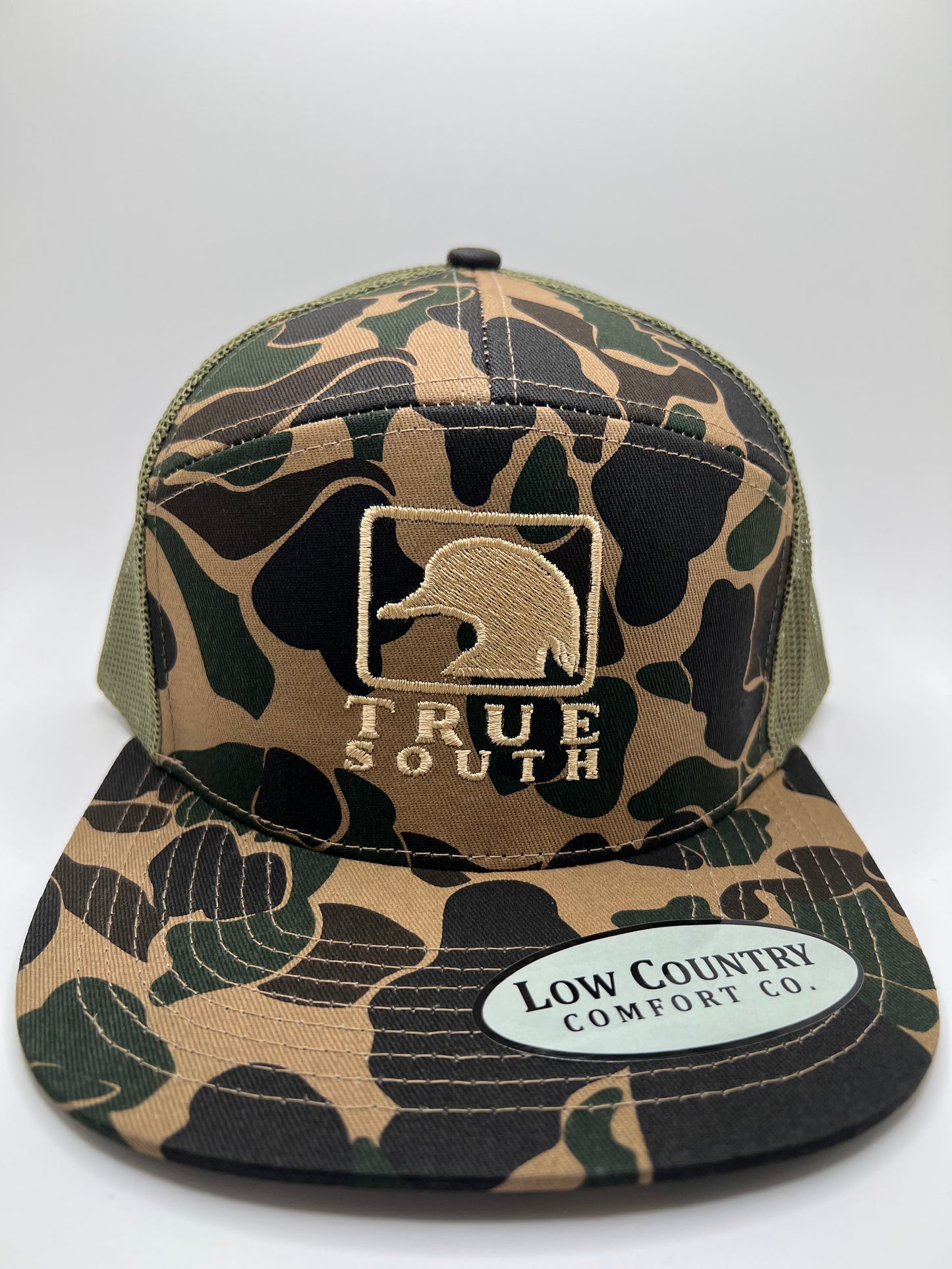 True South Square Duck Embroidery on a Old School Camo 7 Panel Riverbed Threads Hat
