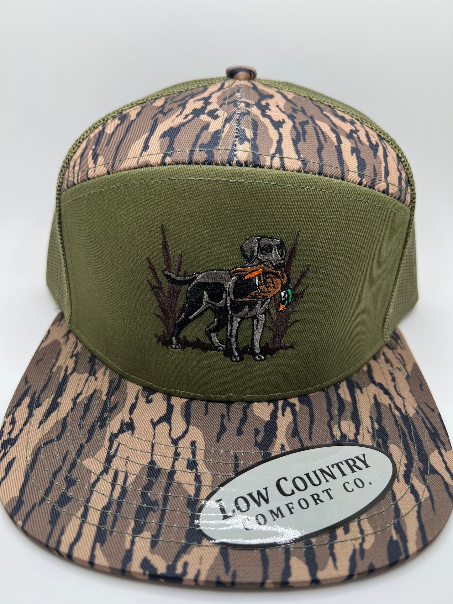 Lab Duck embroidery on a Loden/BL 7 Panel Hat