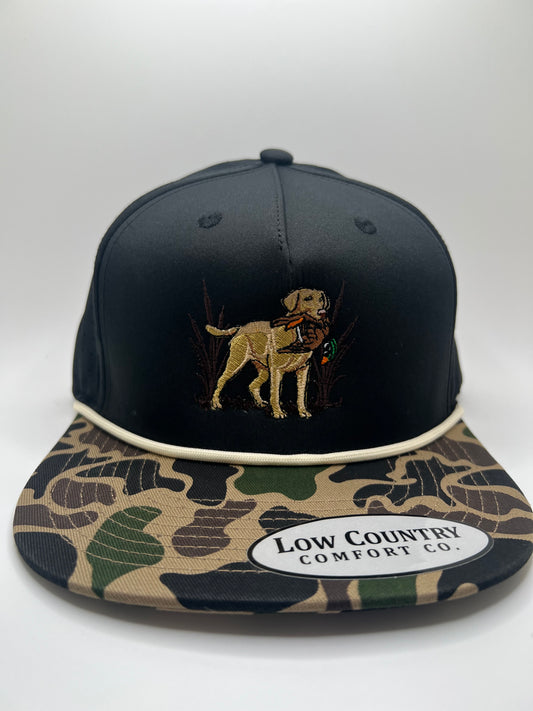 Yellow Lab embroidery on a Black/Camo 5 panel Riverbed Threads performance rope hat
