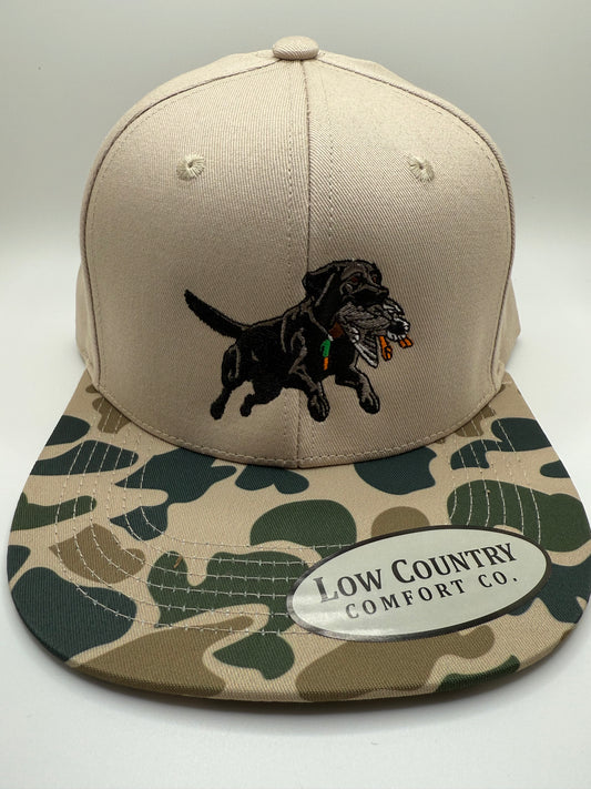 Leaping Lab Embroidered Design on a Riverbed Threads Natural/OS Camo Hat