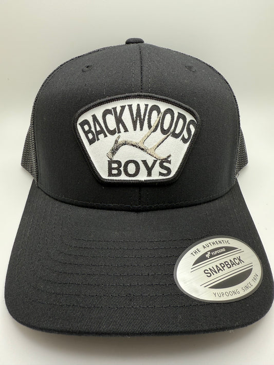Backwoods Boys Deer Antler Sublimated Patch on a Solid Black Trucker Hat