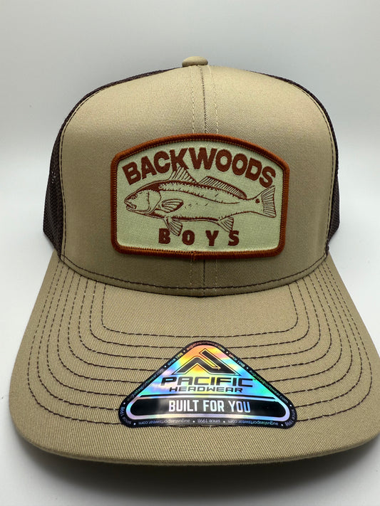 Backwoods Boys Red Drum Sublimated Patch on a Khaki/Brown Trucker Hat