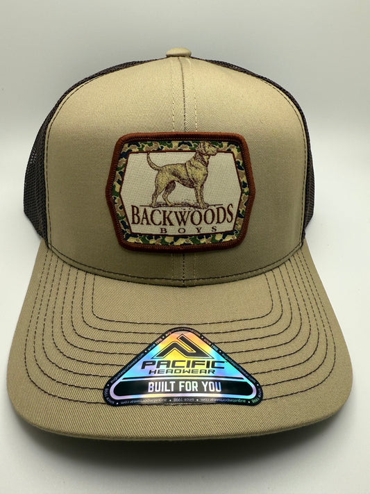 Backwoods Boys Pointer Dog Sublimated Patch on a Khaki/Brown Trucker Hat