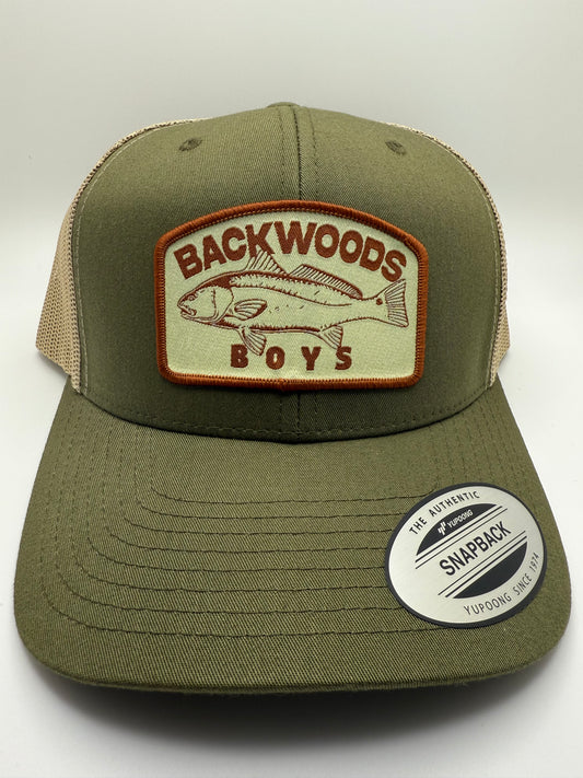 Backwoods Boys Red Drum Sublimated Patch on a Green/Khaki Trucker Hat