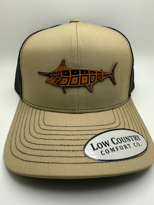 Marlin Leather Patch on a Khaki/Brown Trucker Hat