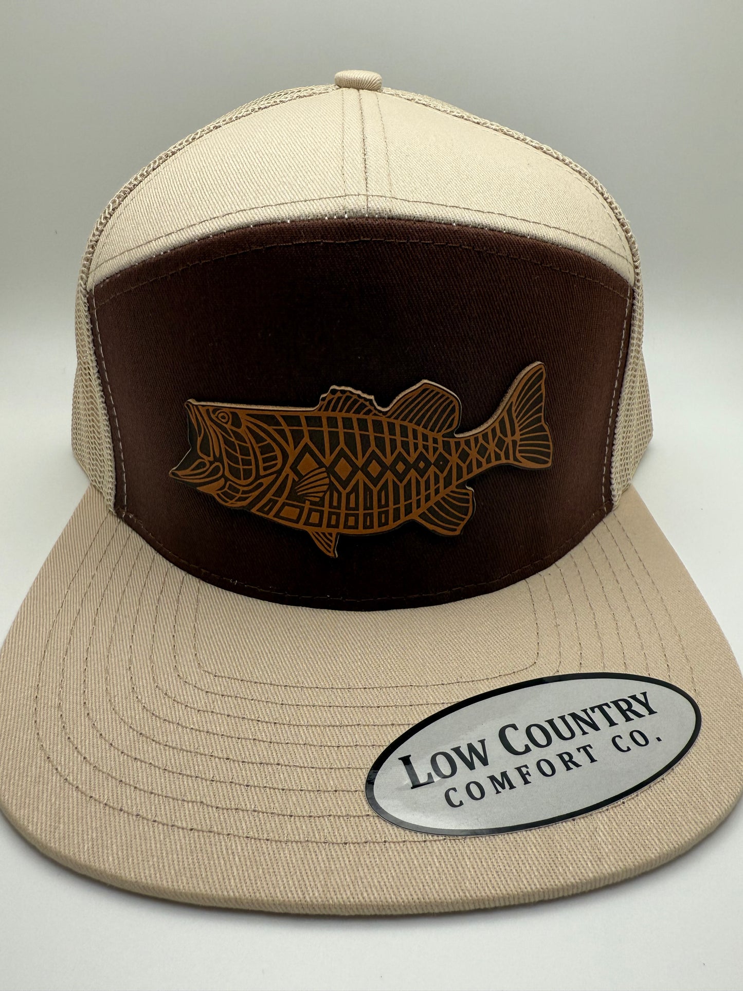 Bass Leather Patch on a Brown/Natural 7 Panel Hat