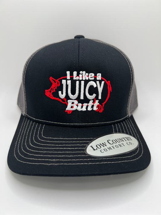 I Like A Juicy Butt Embroidery on a Black/Charcoal Trucker Hat