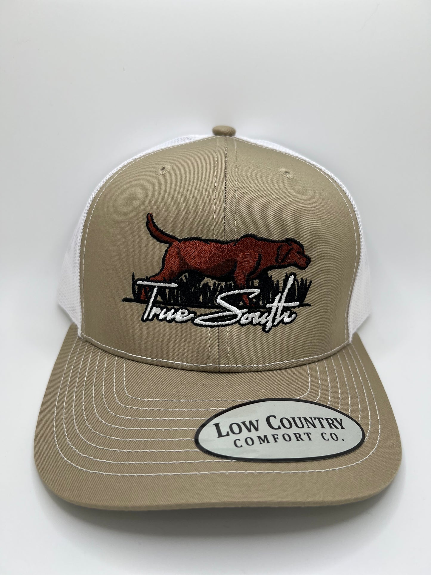 True South Brown Lab Embroidery on a Khaki/White Trucker Hat
