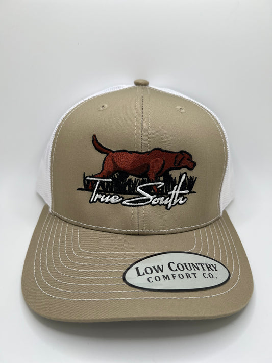 True South Brown Lab Embroidery on a Khaki/White Trucker Hat