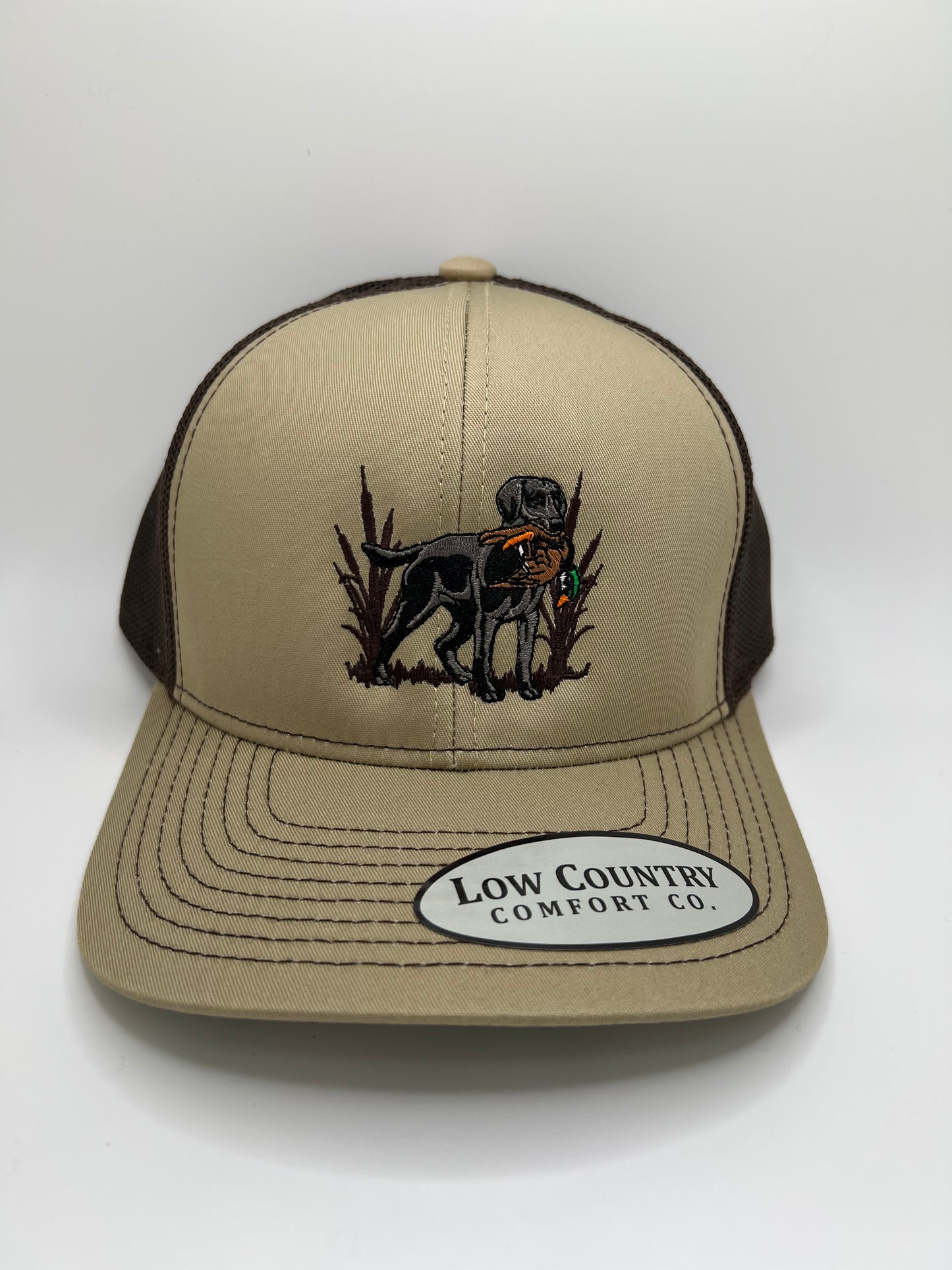 Lab Duck Embroidery on a Khaki/Brown Trucker Hat