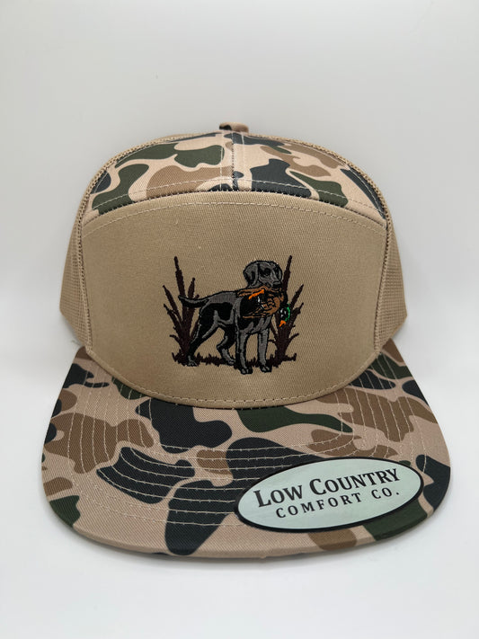 Lab Duck Ebroidery on a Riverbed Threads 7-Panel Hat - Khaki/Camo Design