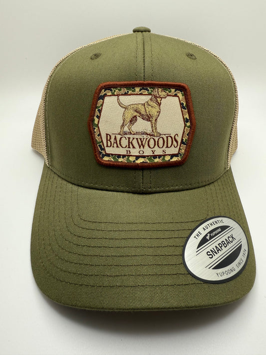 Backwoods Boys Pointer Dog Sublimated Patch on a Green/Khaki Trucker Hat