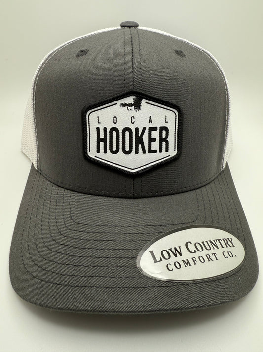 Local Hooker White Sublimated Patch on a Charcoal/White Trucker Hat
