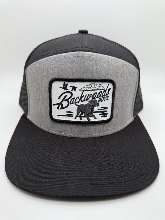 Backwoods Boys Running Dog Sublimated Patch on a Heather/Black 7 Panel Hat