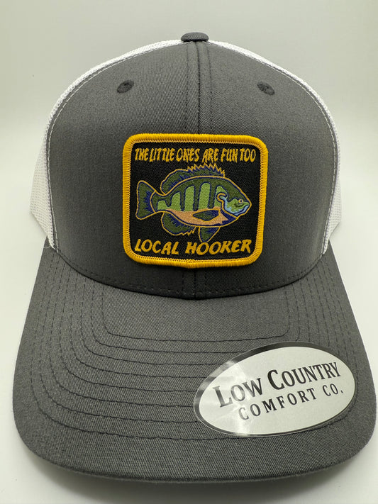 Local Hooker Little Ones Fun Too Sublimated Patch on a Charcoal/White Trucker Hat
