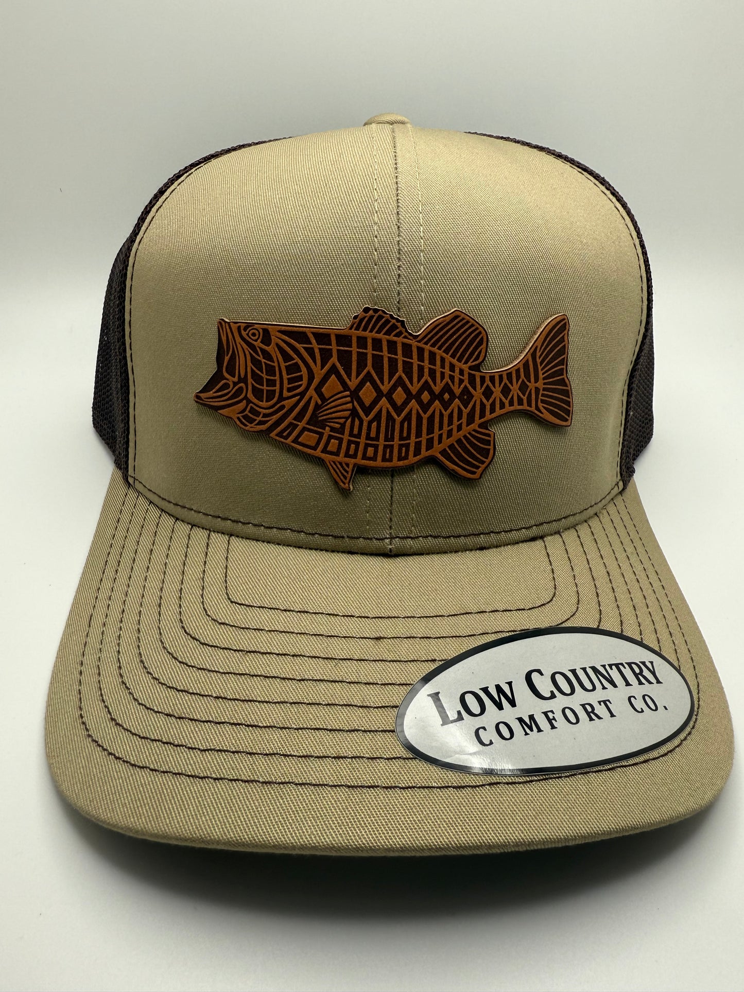 Bass Leather Patch on a Khaki/Brown Trucker Hat
