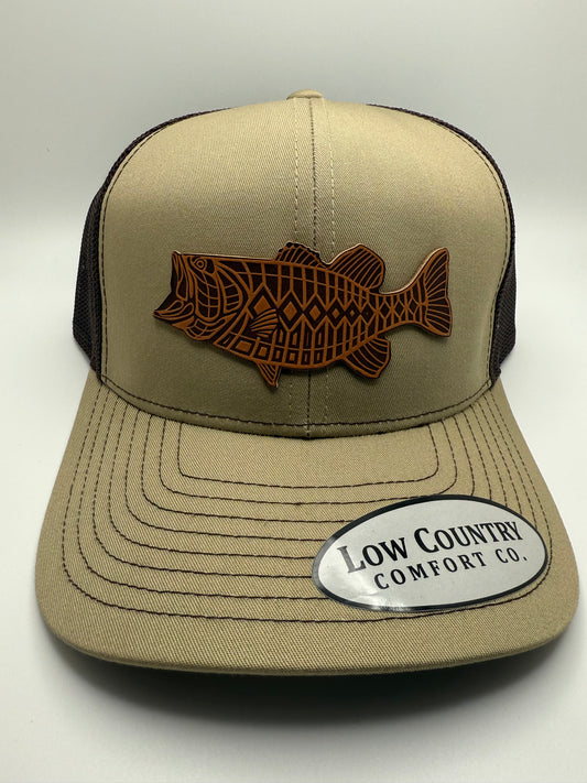 Bass Leather Patch on a Khaki/Brown Trucker Hat