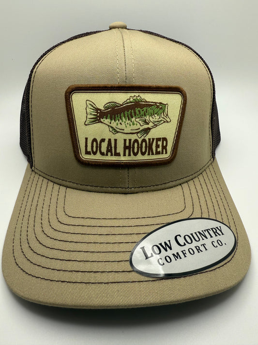 Local Hooker Bass Sublimated Patch on a Khaki/Brown Trucker Hat