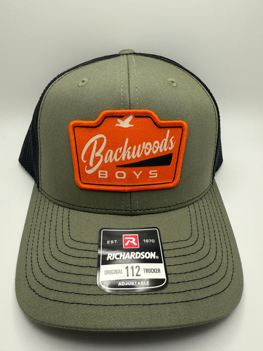 Backwoods Boys Orange Sublimated Patch on a Loden/Black Richardson 112 Trucker Hat