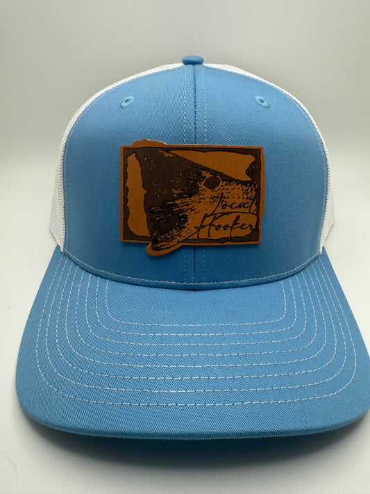 Local Hooker Leather Red Drum Tail Patch on a Col Blue/White Trucker Hat