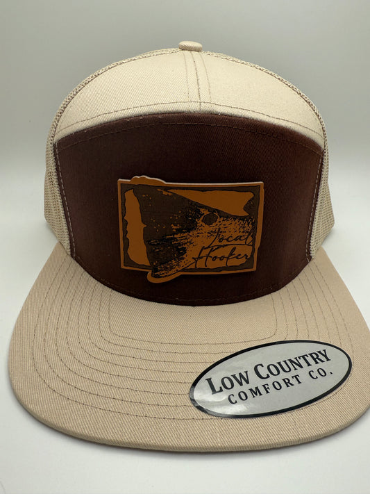 Local Hooker Leather Red Drum Tail Patch on a Riverbed Threads Brown/Cream 7 Panel Hat