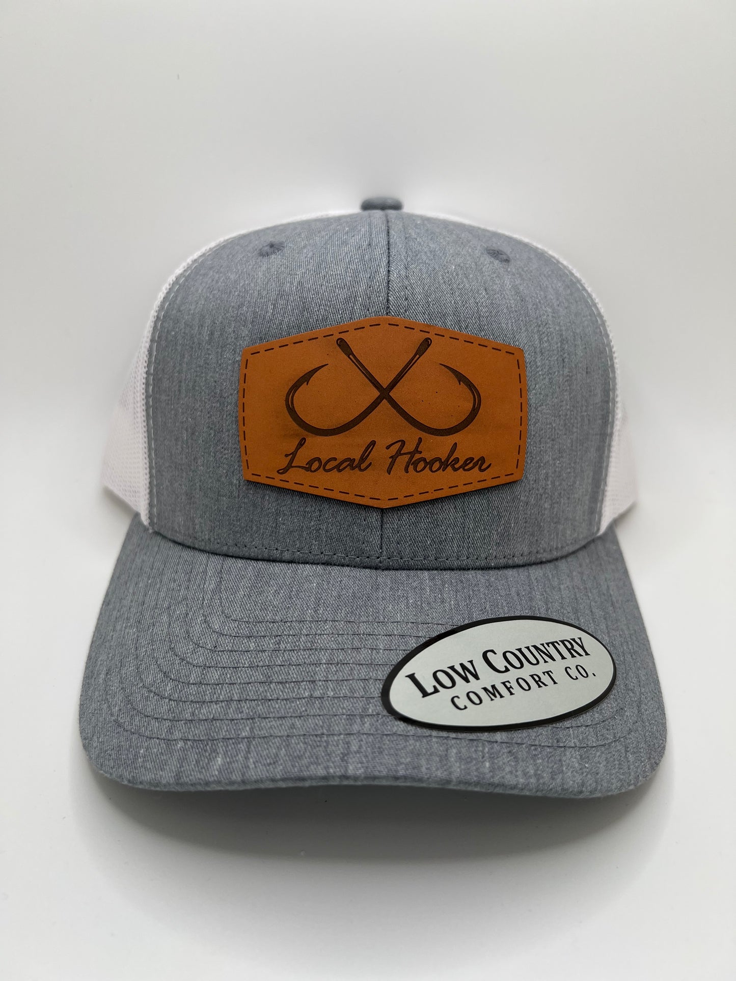 Local Hooker Leather Patch on a Heather/White Trucker Hat