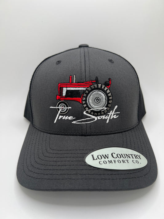 True South Red Tractor Embroidery on a Charcoal/Black Trucker Hat
