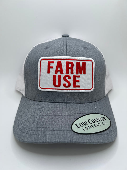 Farm Use Sublimated Patch on a Heather/White Trucker Hat