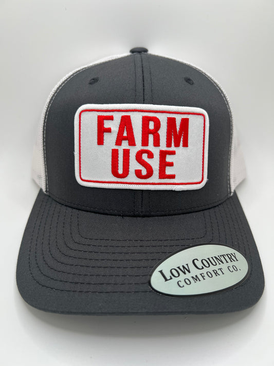 Farm Use Sublimated Patch on a Charcoal/White Trucker Hat