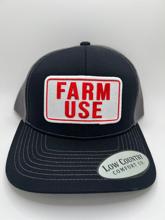 Farm Use Sublimated Patch on a Black/Charcoal Trucker Hat