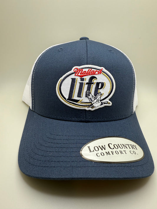 Mallard Life Sublimated Patch on a Navy/White Trucker Hat