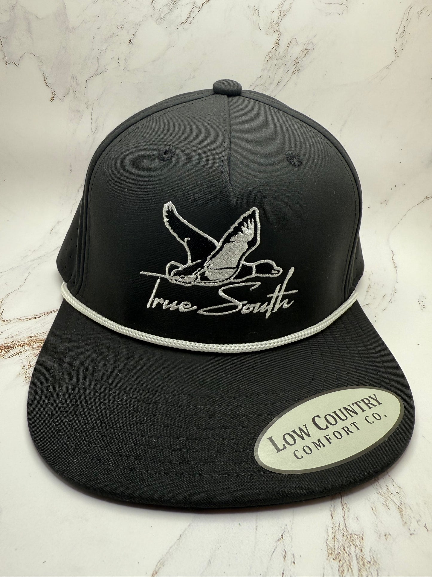 True South Embroidered Duck on a Riverbed Threads Black 5 Panel Rope Hat