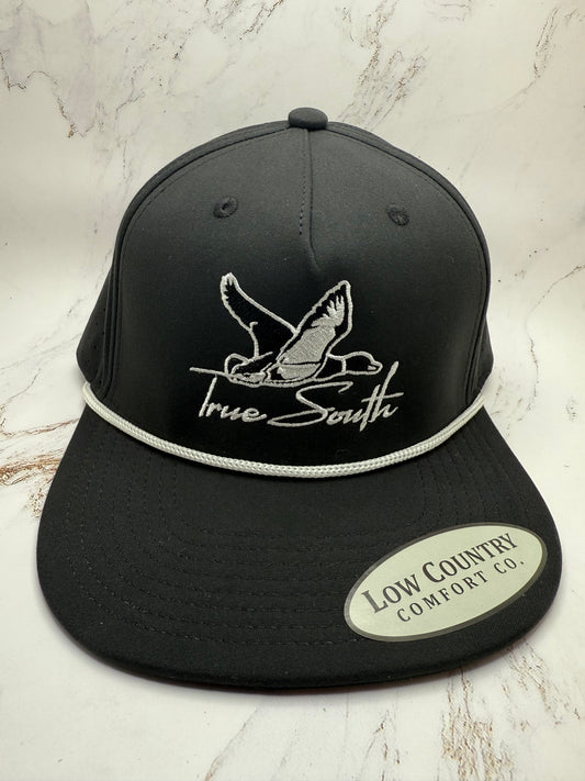 True South Embroidered Duck on a Riverbed Threads Black 5 Panel Rope Hat