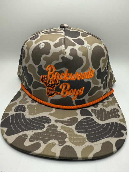 Backwoods Boys Orange Deer Embroidery on a OS Camo 5 Panel Performance Rope Hat