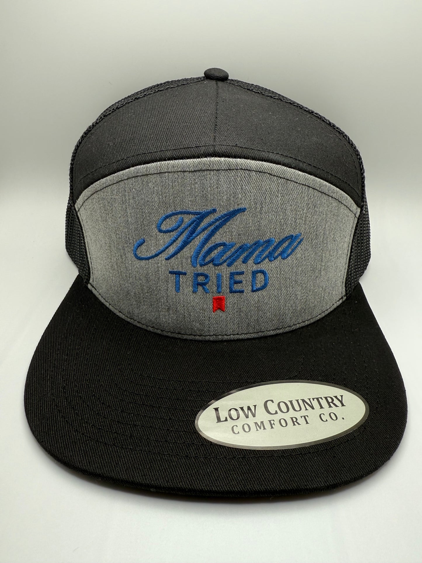 Mama Tried Embroidery on a  Heather/Black 7 Panel Hat