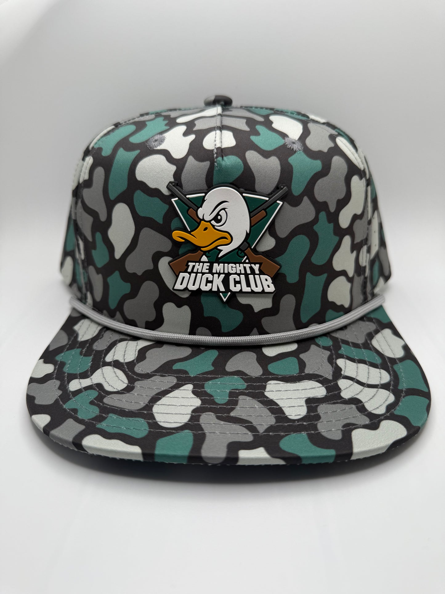 Mighty Duck Club PVC Patch on a Duck Camo 5 Panel Performance Rope Hat