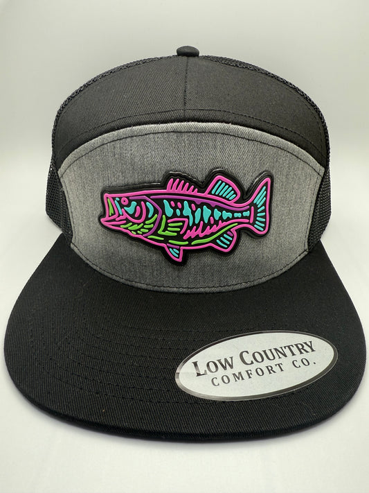 Bass Glow PVC Patch on a Riverbed Threads Heather/Black 7 Panel Hat