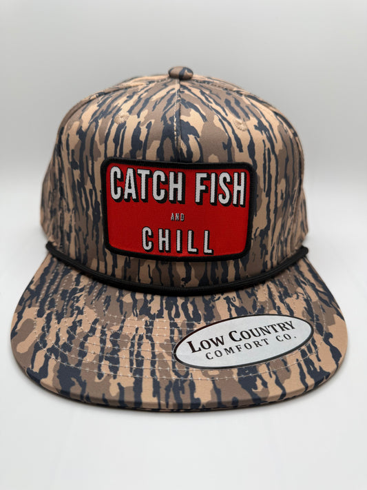 Catch Fish and Chill Sublimated Patch on a BL 5 Panel Performance Rope Hat