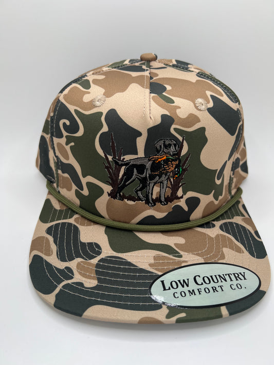 Lab Duck embroidery on a old school camo 5 panel performance rope hat