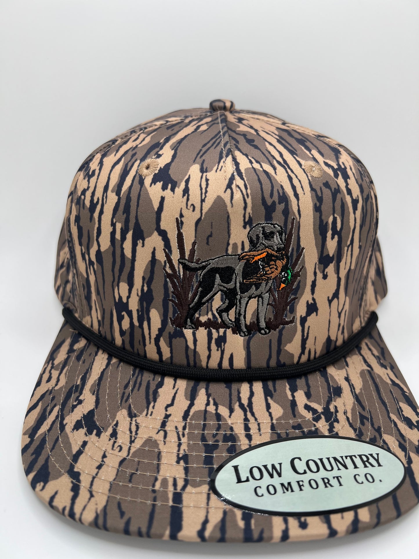 Lab Duck Embroidery on a BL Camo 5 Panel Performance Rope Hat