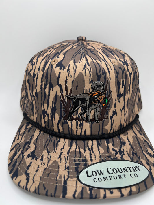 Lab Duck Embroidery on a BL Camo 5 Panel Performance Rope Hat