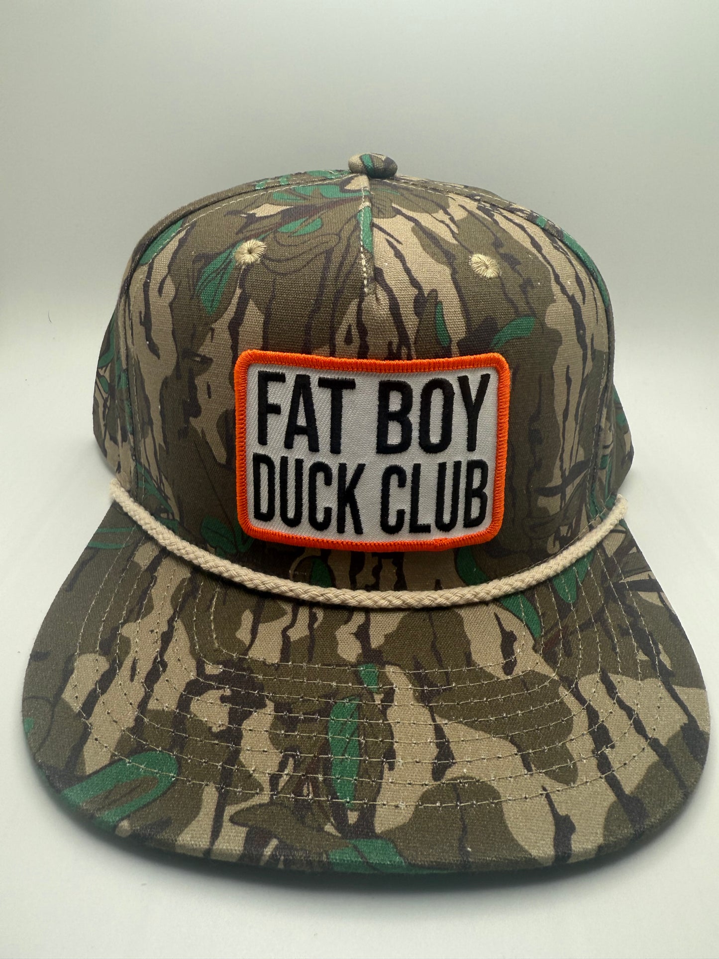 Fat Boy Duck Club Sublimated Patch on a Greenleaf Camo 5 Panel Rope Hat
