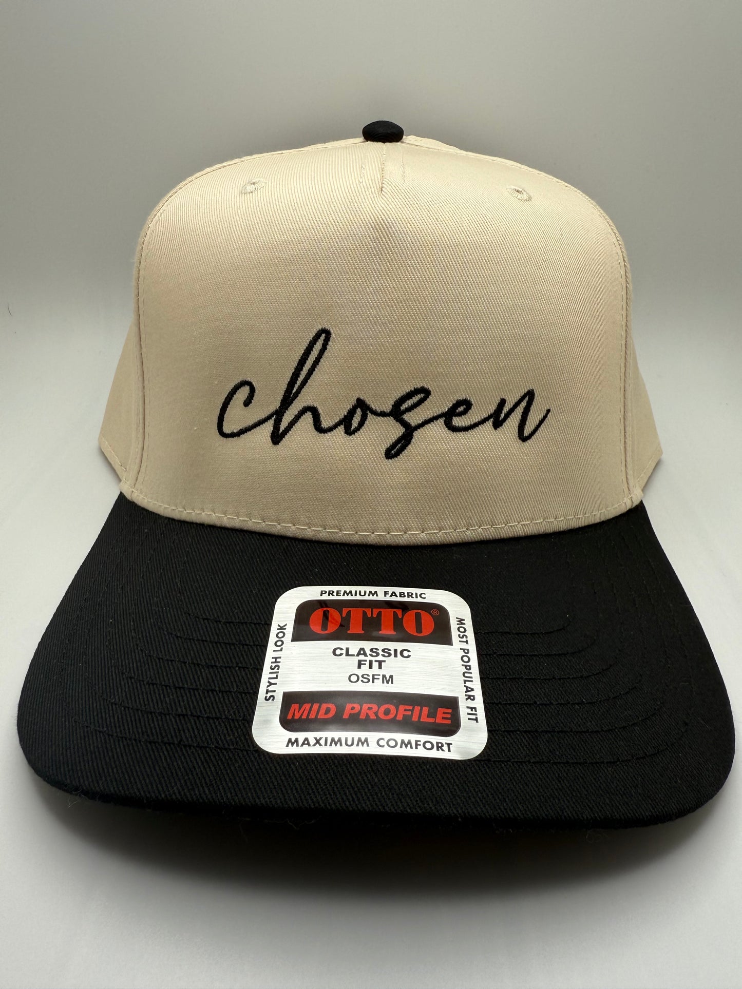 Chosen Embroidery on a Otto Natural/Black Hat