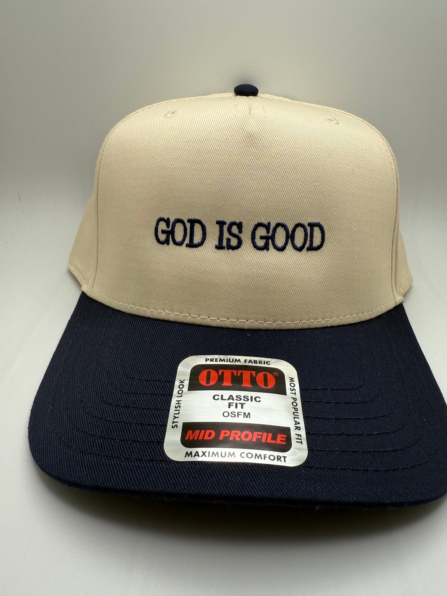 God Is Good Embroidery on a Otto Natural/Navy Hat