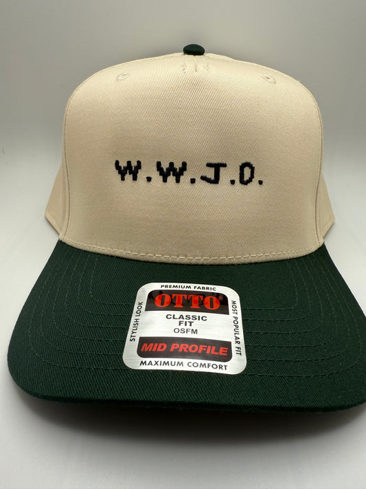 W.W.J.D. Embroidery on a Otto Natural/Green Hat